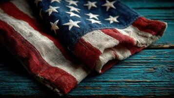 Worn American flag draped on a rustic wooden table highlighting textures and colors of national pride photo
