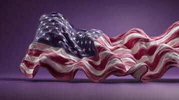 Waving American flag draped in artistic display against a vibrant purple backdrop photo
