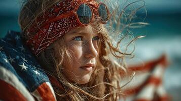 Child with long hair wearing red bandana, reflecting on the beach with American flag background during golden hour photo