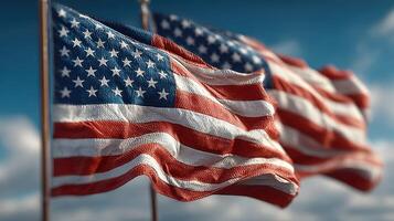 Waving American flags flutter in the wind against a bright blue sky during a sunny day in a park photo