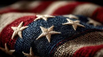 Detailed view of a worn American flag showing intricate stitching and vibrant colors in a warm setting photo