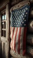 American flag displayed on rustic wooden cabin wall near window during daylight hours photo