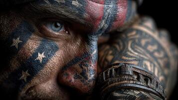 Detailed close-up of a man with intricate tattoos representing American symbols and cultural motifs, showcasing emotion and intensity photo