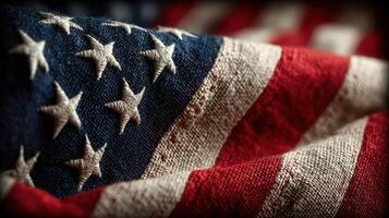 Waves of color and texture in a close-up of a worn American flag displaying pride and history photo