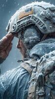 Soldier salutes in snowy environment during winter mission under challenging weather conditions photo