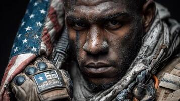 Soldier in tactical gear displays intensity and determination with American flag and weathered appearance in a dark setting photo