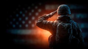 Soldier salutes while facing an American flag, representing patriotism and service during a sunset photo