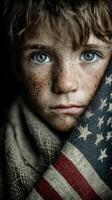 Young boy displaying deep emotion while holding American flag, showcasing innocence and resilience in a heartfelt moment photo