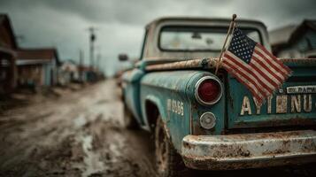 Vintage truck decorated with American flag parked on a muddy road in a small rural town during overcast weather photo
