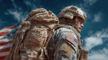 Soldier stands against a dramatic sky with dust and debris during a military operation in a conflict zone photo