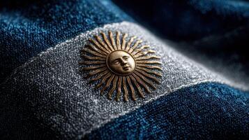 Detailed close-up of the Argentine flag featuring the sun emblem representing national pride and identity photo
