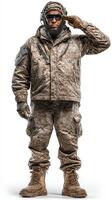 Soldier in military uniform salutes while standing on white background, showcasing attention and discipline during training session photo