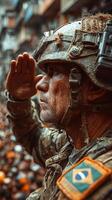 Soldier saluting during a military parade in a bustling city with a large crowd and vibrant atmosphere photo