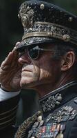 Military officer saluting during a formal ceremony under bright daylight in an urban setting photo