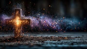 Cross surrounded by glowing particles in a dark environment with a mystical aura photo