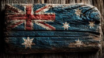 Weathered wooden plank featuring Australian flag design with vibrant colors and rustic texture photo