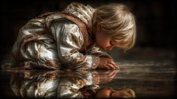 Child observes reflection in water while kneeling in a serene environment during a quiet moment of contemplation photo