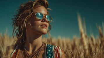 Woman in sunglasses stands in a wheat field during sunset, capturing the beauty of nature and freedom photo
