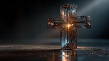Glass cross illuminated on a dark surface creating a serene and reflective atmosphere photo