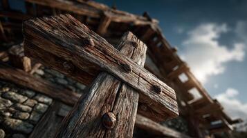 Old wooden cross stands prominently in front of a rustic stone building under a bright sky photo