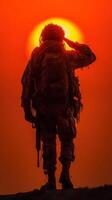 Soldier salutes against the backdrop of a dramatic sunset in a training exercise photo