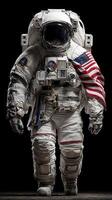 Astronaut in spacesuit standing with American flag during space mission photo