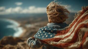 Child with flowing American flag cape gazes at ocean view from cliff on a breezy day photo