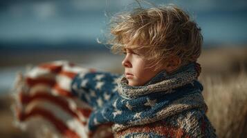 Child wrapped in an American flag scarf stands against a dramatic sky on a windy day by the coast photo