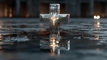 Metal cross resting on reflective surface in a dimly lit industrial space photo
