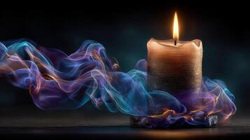 Soft candle light illuminates swirling colorful smoke on a dark background creating a serene atmosphere for relaxation and contemplation photo