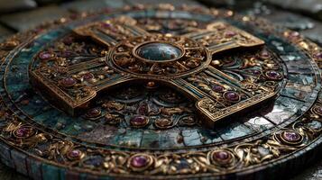 Intricate ornate cross design with gemstones and metalwork highlighted by soft lighting in a historic setting photo