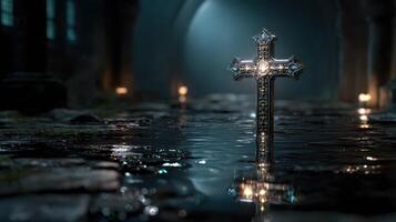 Shiny silver cross emerges from dark water in ancient cathedral at night amidst soft candlelight photo