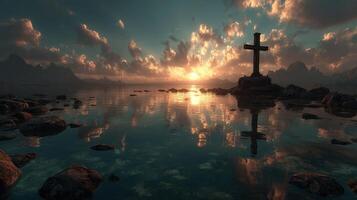 Sunset reflections over a calm lake with a cross silhouette in the foreground and dramatic clouds in the sky photo