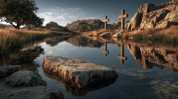 Historic crosses reflected in calm water against rocky landscape during golden hour photo