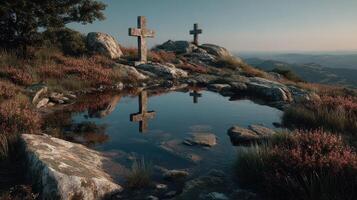Sunset view of stone crosses by a serene pond surrounded by mountains and wildflowers in peaceful nature photo