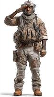 Military soldier saluting in tactical gear during training exercise in a desert environment at midday photo
