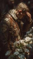 Soldier reflecting in a moment of grief beside flowers during a memorial tribute at dusk photo
