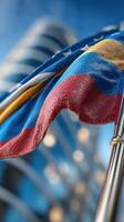 Russian flag waving in front of modern architecture under bright blue sky during daytime photo