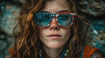 Young woman with colorful sunglasses and freckles poses against a rocky background in bright outdoor light photo
