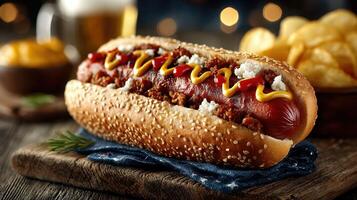 Delicious hot dog topped with chili and mustard served with chips during a cozy gathering at night photo