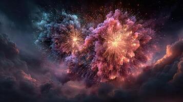 Colorful fireworks explode in the night sky, illuminating clouds during a festive celebration photo