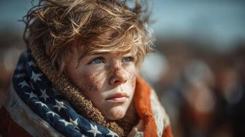 Young boy wearing an American flag scarf looks up thoughtfully during a gathering on a sunny day in a rural setting photo