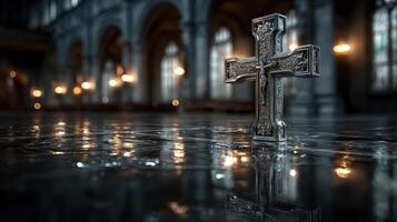Bronze cross stands on polished stone floor in historic cathedral illuminated by soft golden light photo