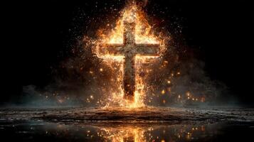 Fiery cross illuminating darkness in an artistic representation of faith and spirituality photo