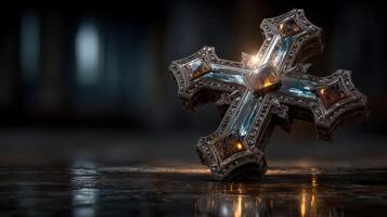 Intricate silver cross adorned with blue and amber stones shining in low light inside a historic chapel photo