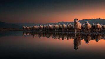 Herd of sheep standing by a calm lake at sunset with stunning mountain backdrop photo