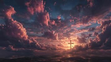 Vibrant sunset illuminates clouds surrounding a cross on the horizon in serene landscape photo