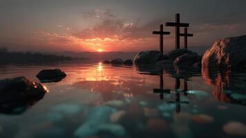 Sunset over serene water with three crosses reflecting on the surface near rocky shores photo