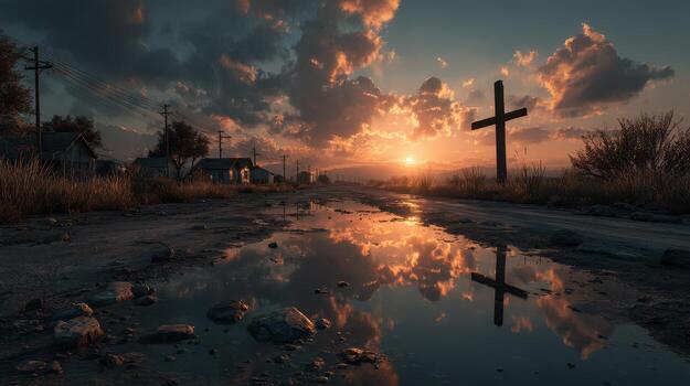 puesta de sol terminado abandonado la carretera con cruzar y reflexiones en charcos en un solitario paisaje foto