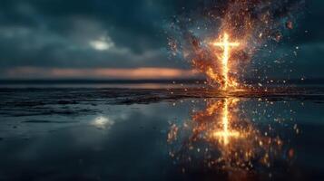 Glowing cross reflection during twilight over a calm water surface in a serene landscape photo